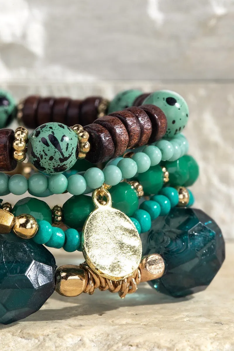 Multi Strand Green Wood Beaded Bracelet