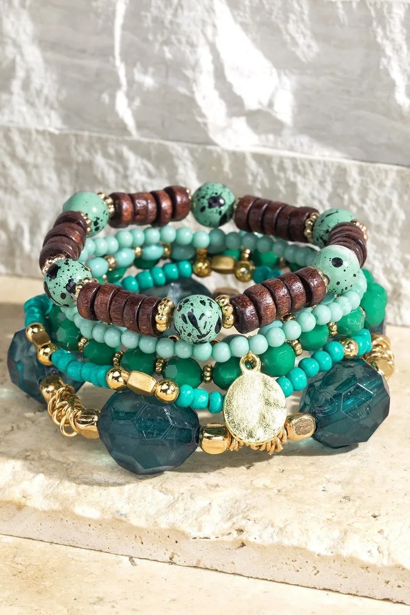 Multi Strand Green Wood Beaded Bracelet