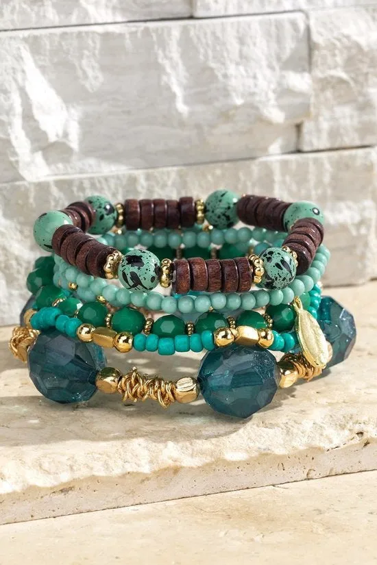 Multi Strand Green Wood Beaded Bracelet