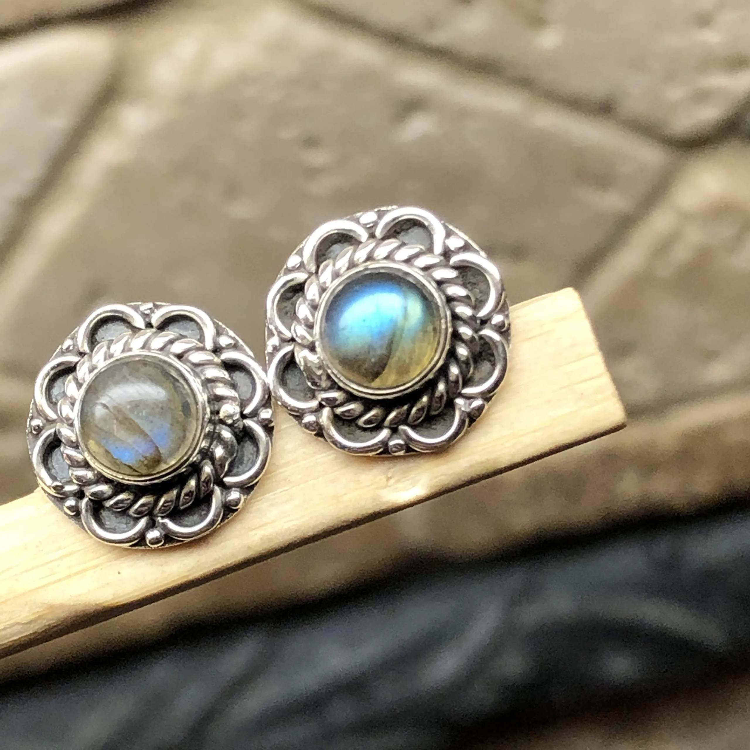 Natural Blue Labradorite 925 Sterling Silver Earrings 10mm