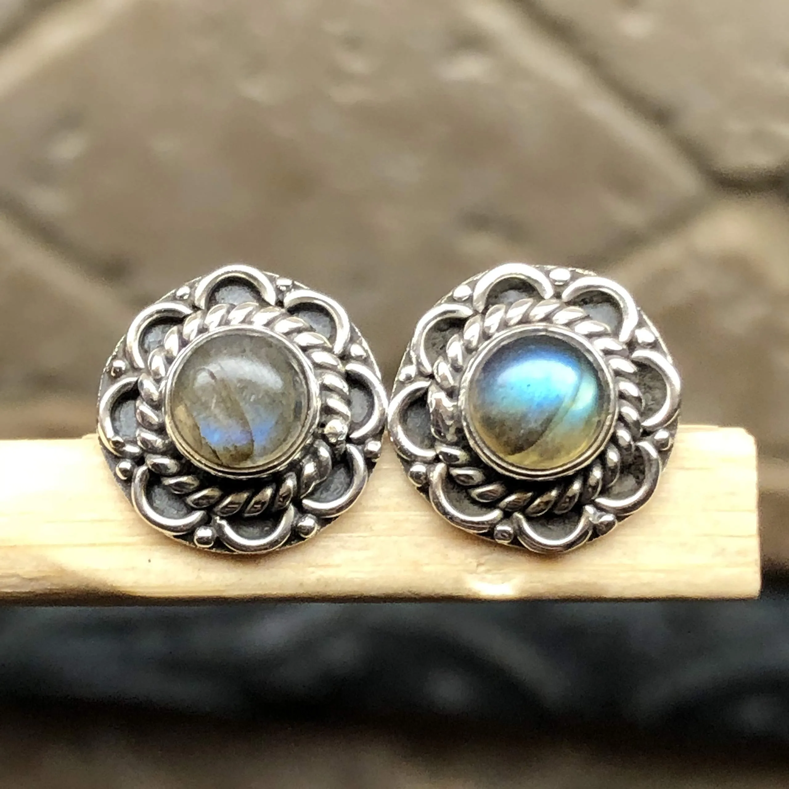 Natural Blue Labradorite 925 Sterling Silver Earrings 10mm