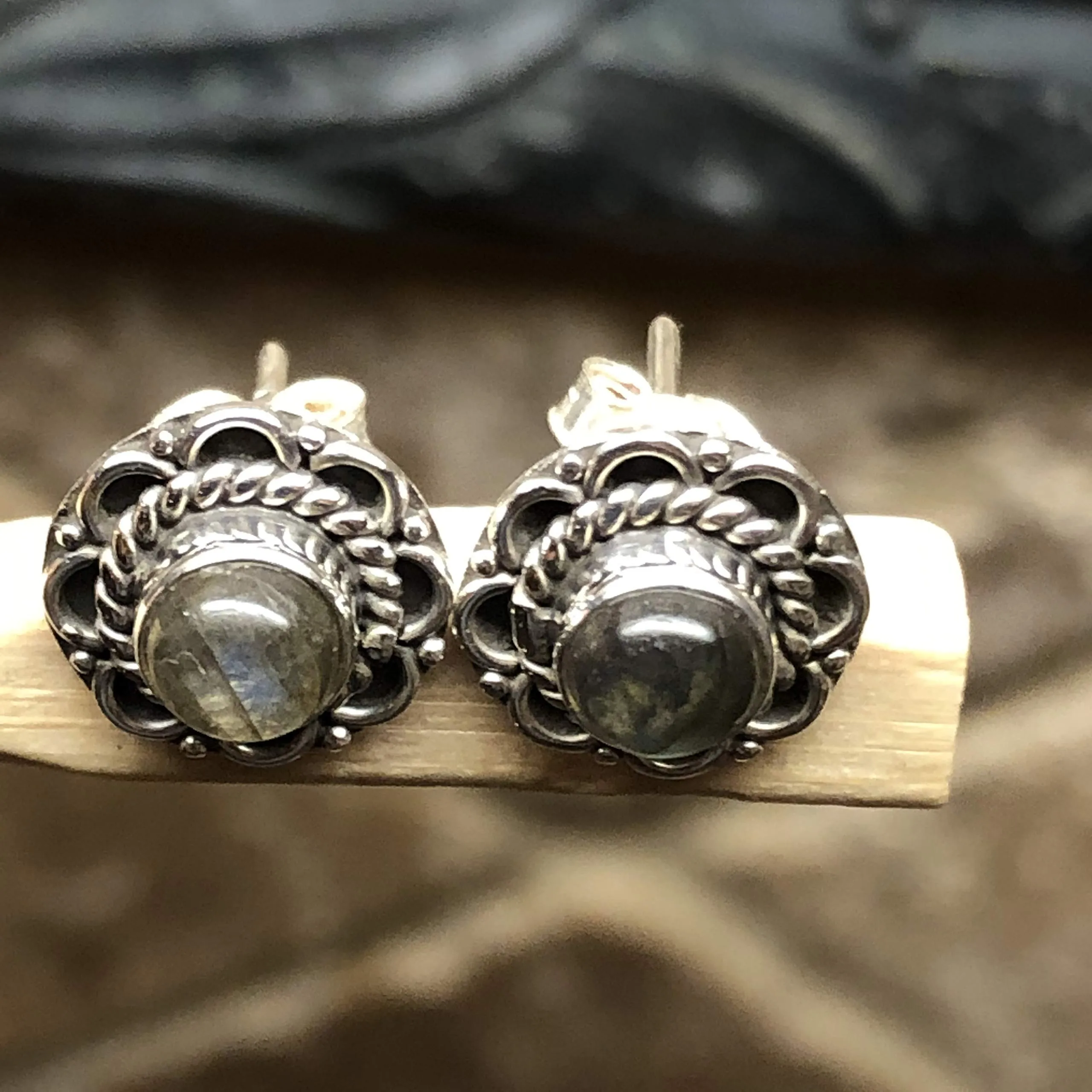 Natural Blue Labradorite 925 Sterling Silver Earrings 10mm