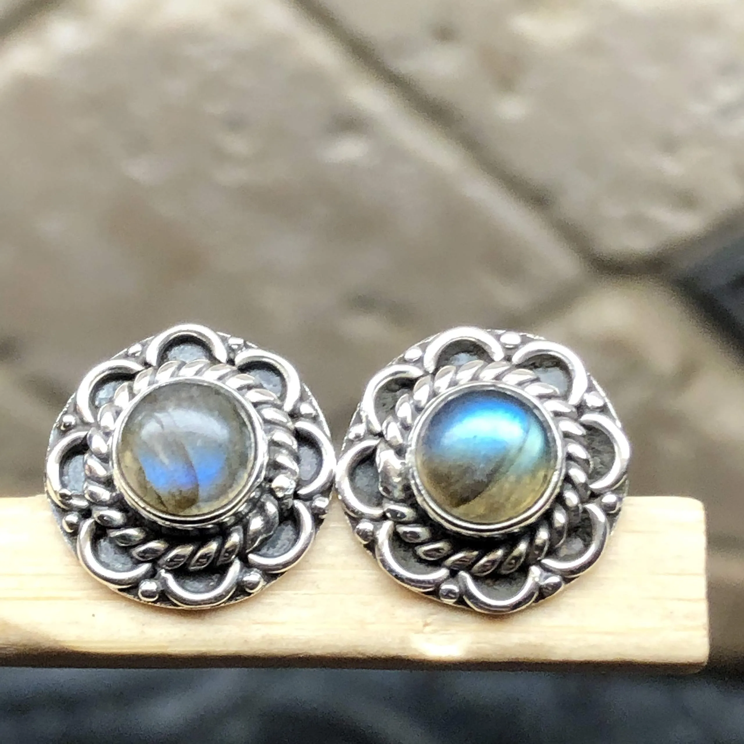 Natural Blue Labradorite 925 Sterling Silver Earrings 10mm