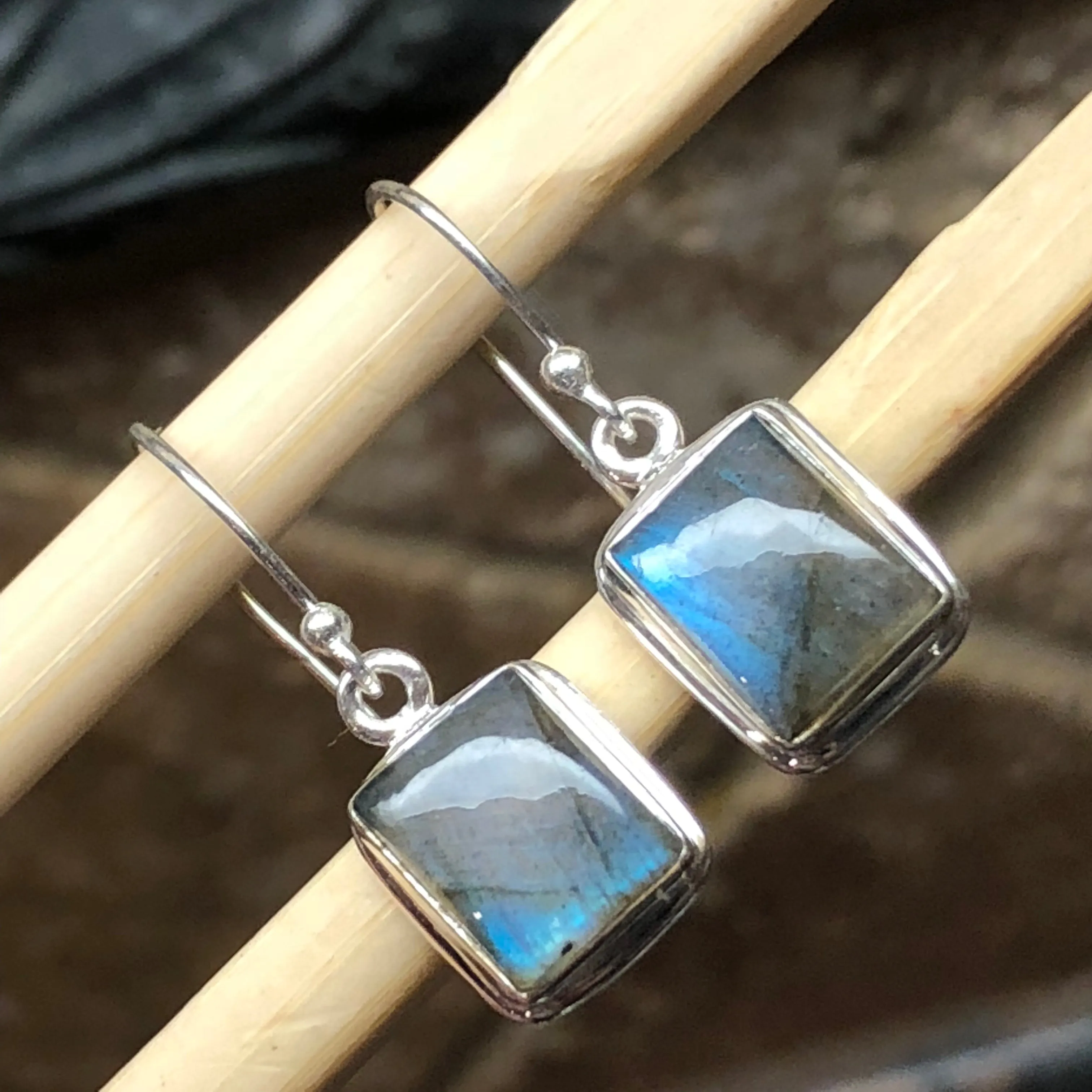 Natural Blue Labradorite 925 Sterling Silver Earrings 25mm