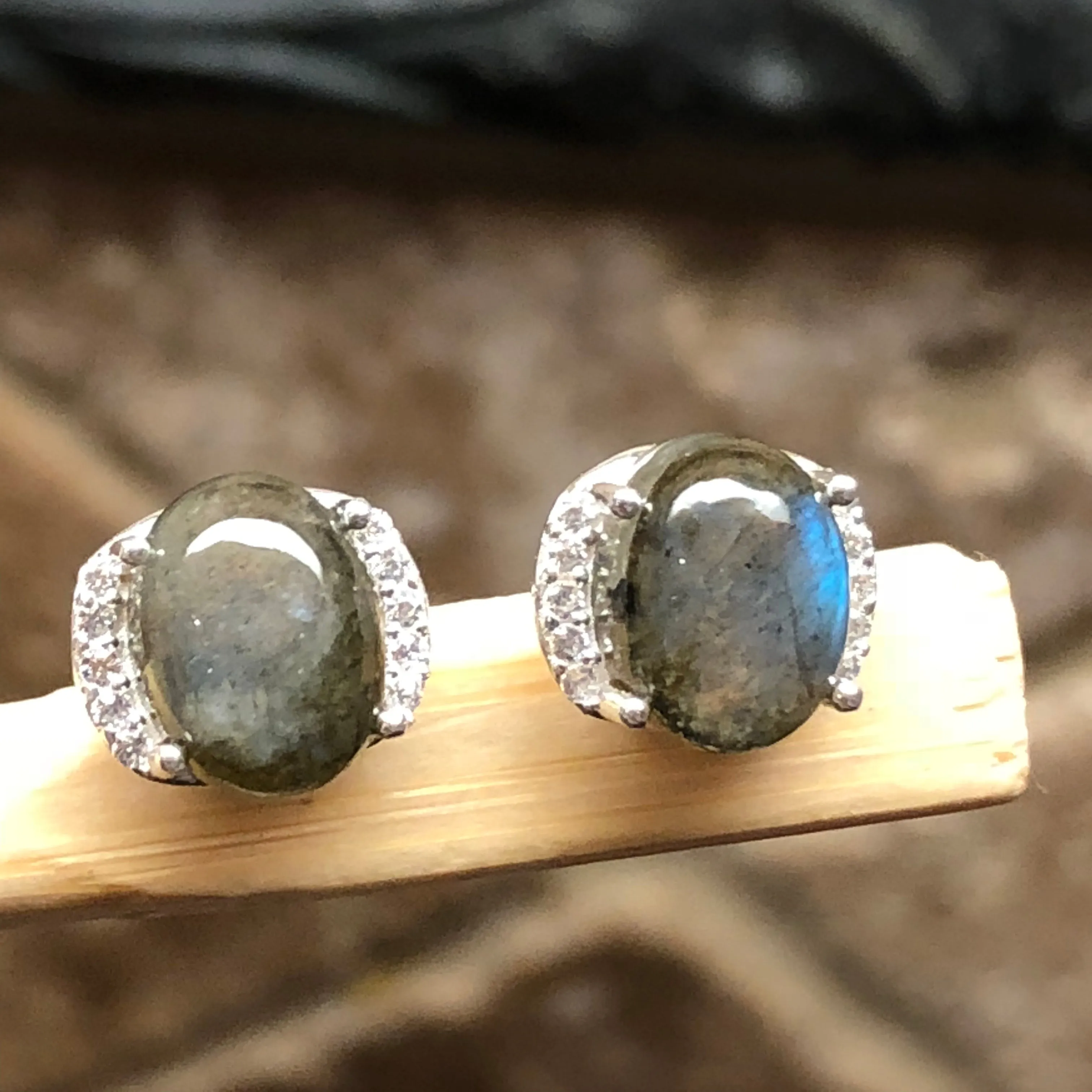 Natural Blue Labradorite 925 Sterling Silver Earrings 8mm