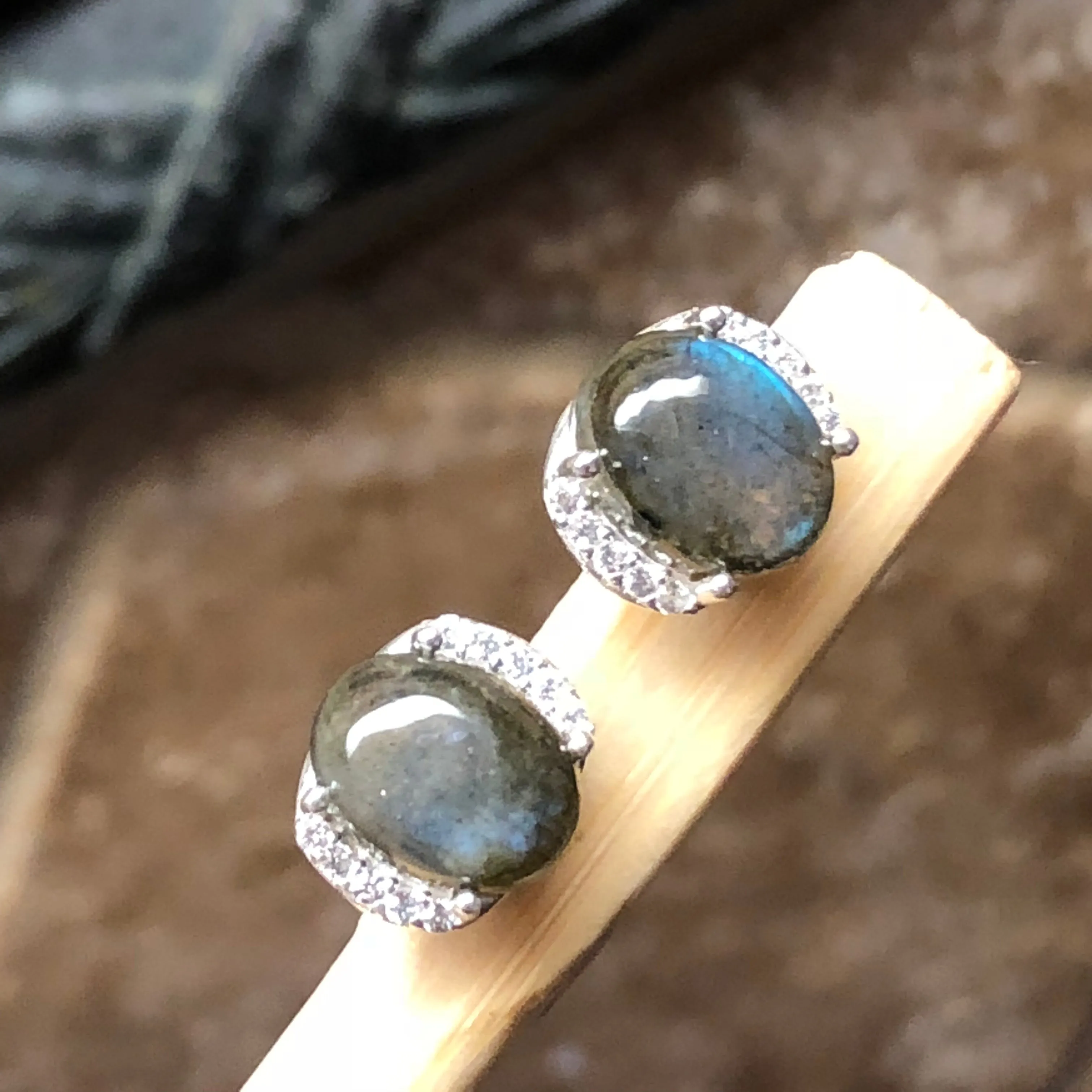 Natural Blue Labradorite 925 Sterling Silver Earrings 8mm