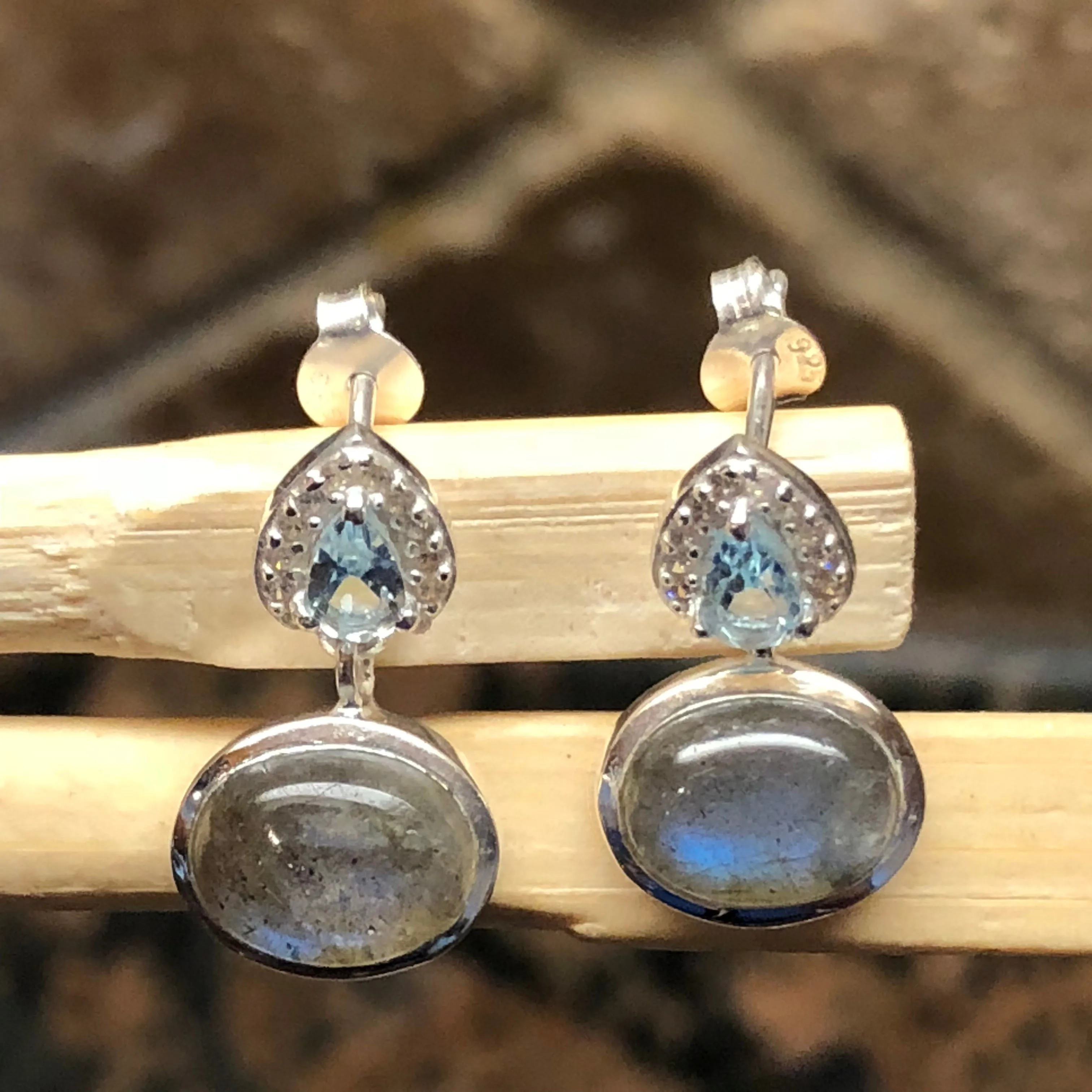 Natural Blue Labradorite, Blue Topaz 925 Solid Sterling Silver Earrings 16mm
