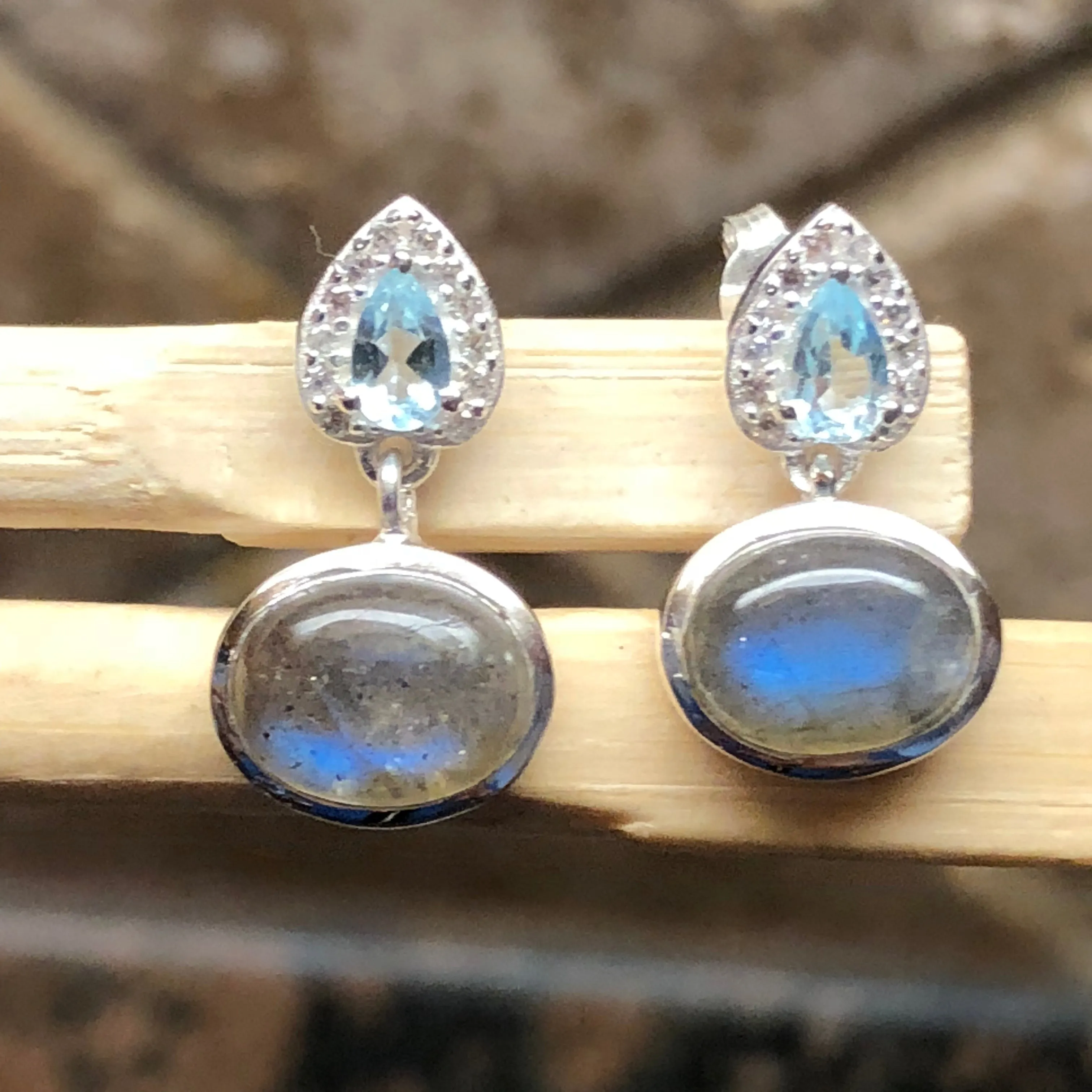 Natural Blue Labradorite, Blue Topaz 925 Solid Sterling Silver Earrings 16mm