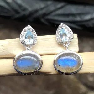 Natural Blue Labradorite, Blue Topaz 925 Solid Sterling Silver Earrings 16mm