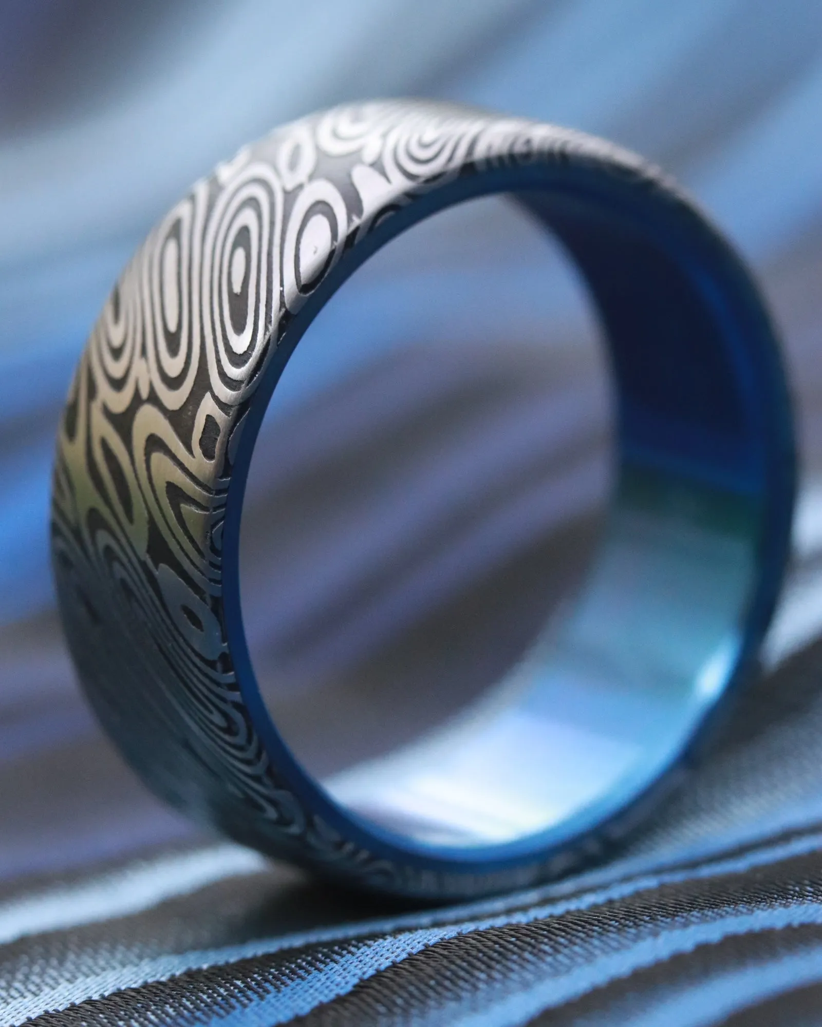 New blue titanium *8mm Titanium lined  Damasteel Stainless Damascus black coral damascus steel ring,  damascus ring titanium ring, blue ring, mens rings