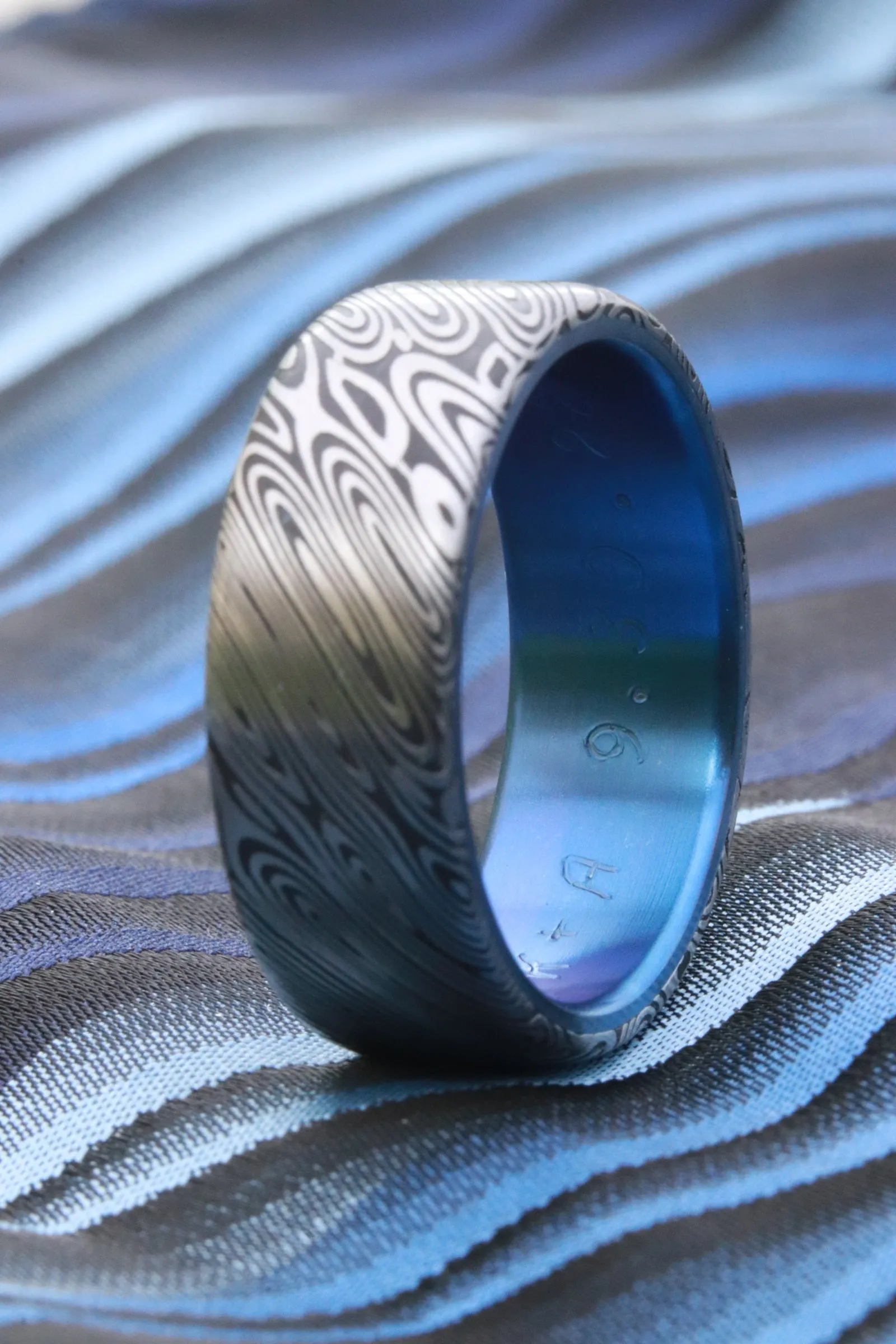 New blue titanium *8mm Titanium lined  Damasteel Stainless Damascus black coral damascus steel ring,  damascus ring titanium ring, blue ring, mens rings