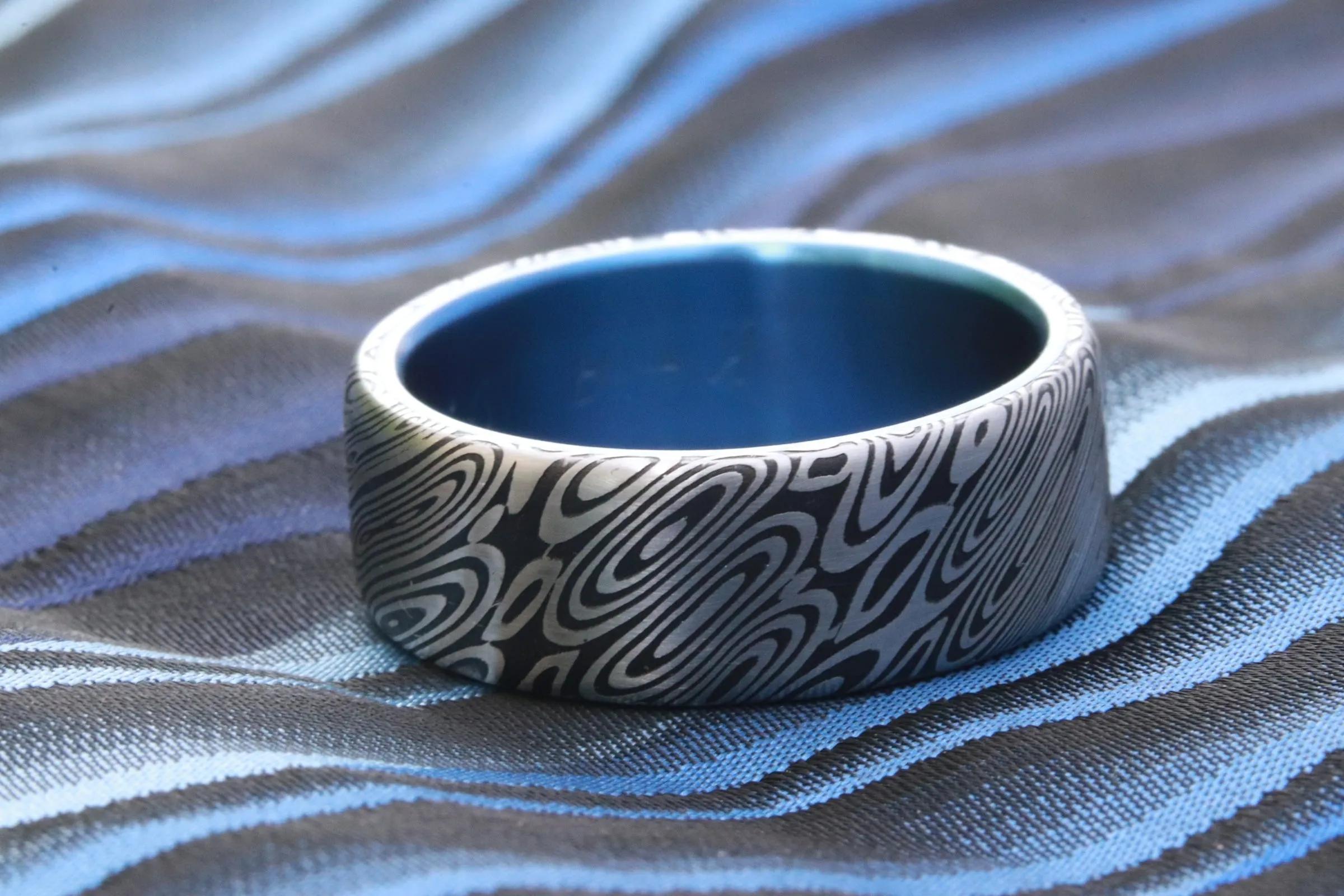 New blue titanium *8mm Titanium lined  Damasteel Stainless Damascus black coral damascus steel ring,  damascus ring titanium ring, blue ring, mens rings
