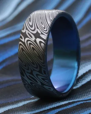 New blue titanium *8mm Titanium lined  Damasteel Stainless Damascus black coral damascus steel ring,  damascus ring titanium ring, blue ring, mens rings