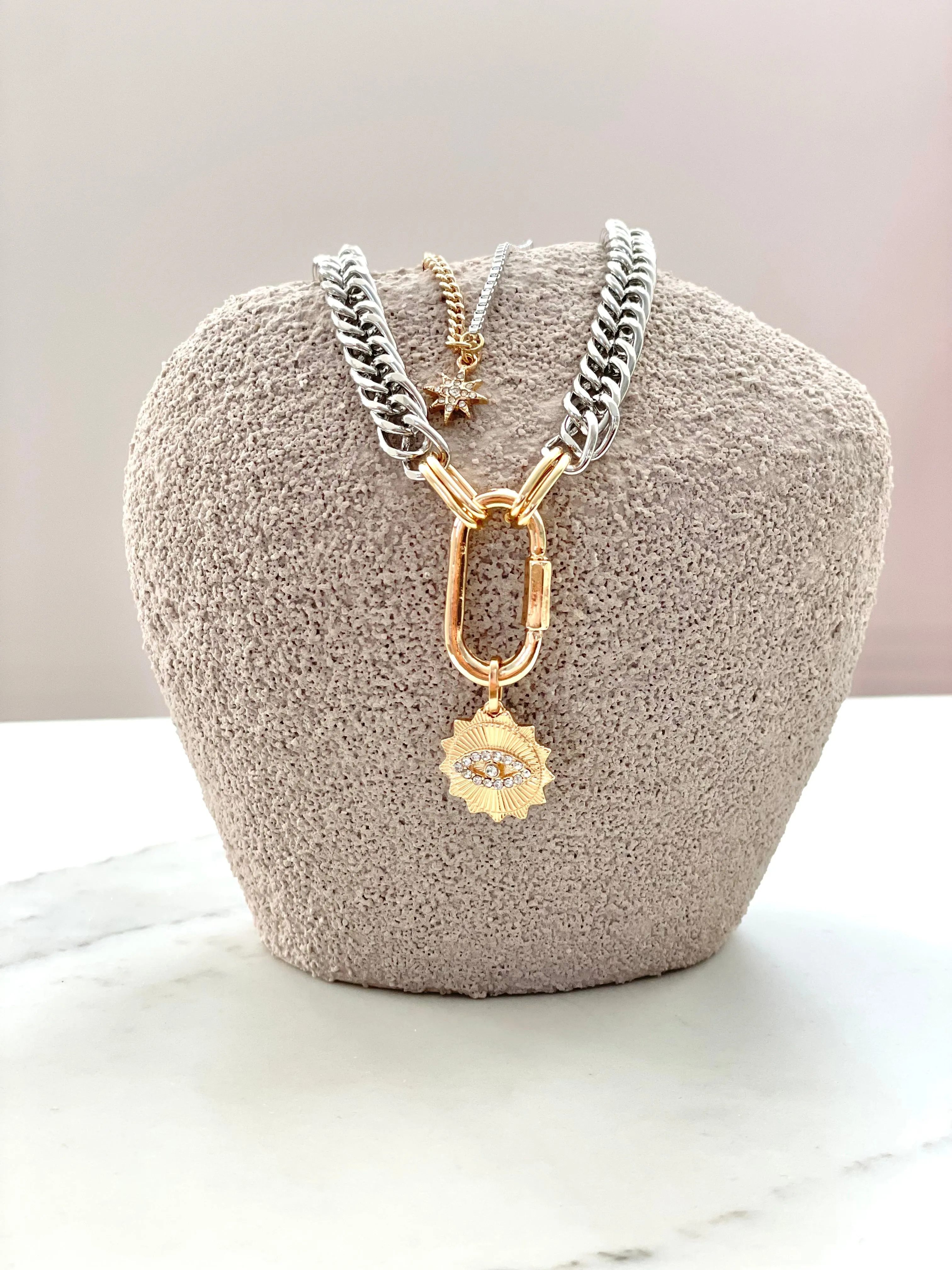 NOW IN STOCK Solana Silver and Gold layered Carabiner Necklace