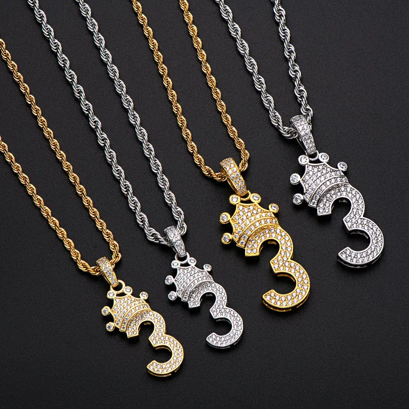 Number 3 Crown Created Diamond Pendant Necklace  23.62''