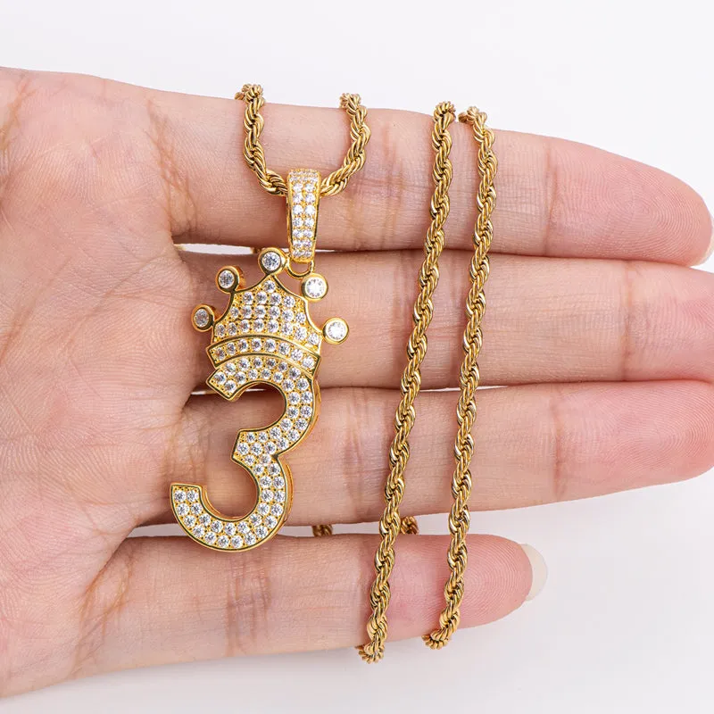 Number 3 Crown Created Diamond Pendant Necklace  23.62''