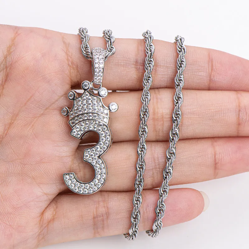 Number 3 Crown Created Diamond Pendant Necklace  23.62''