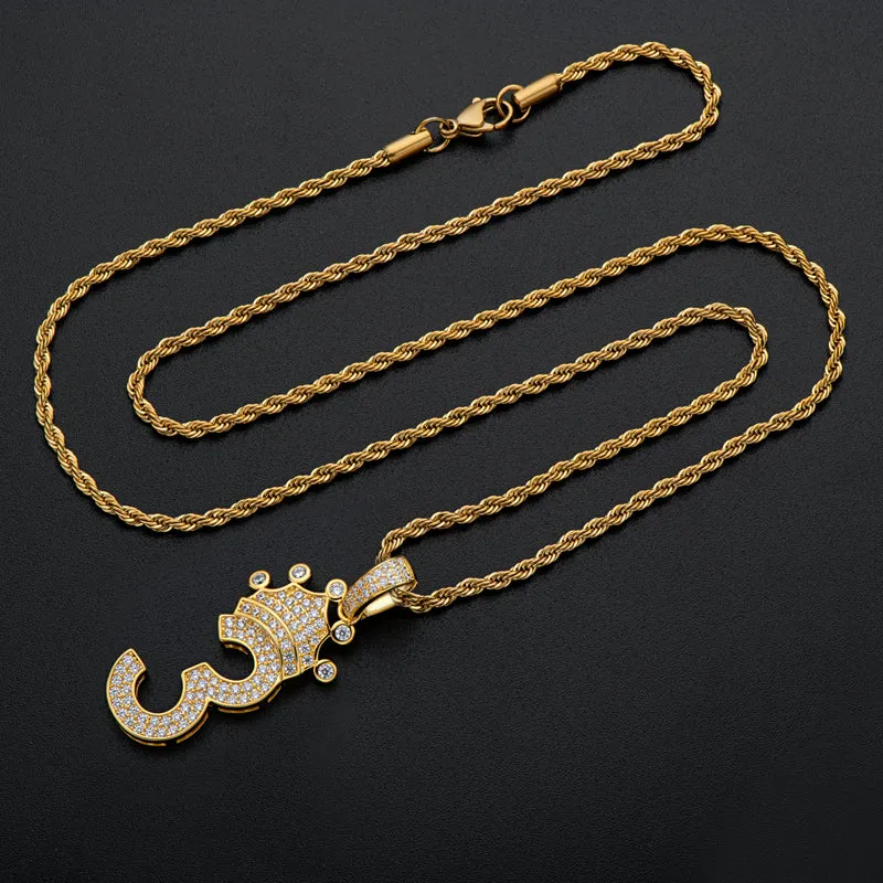 Number 3 Crown Created Diamond Pendant Necklace  23.62''