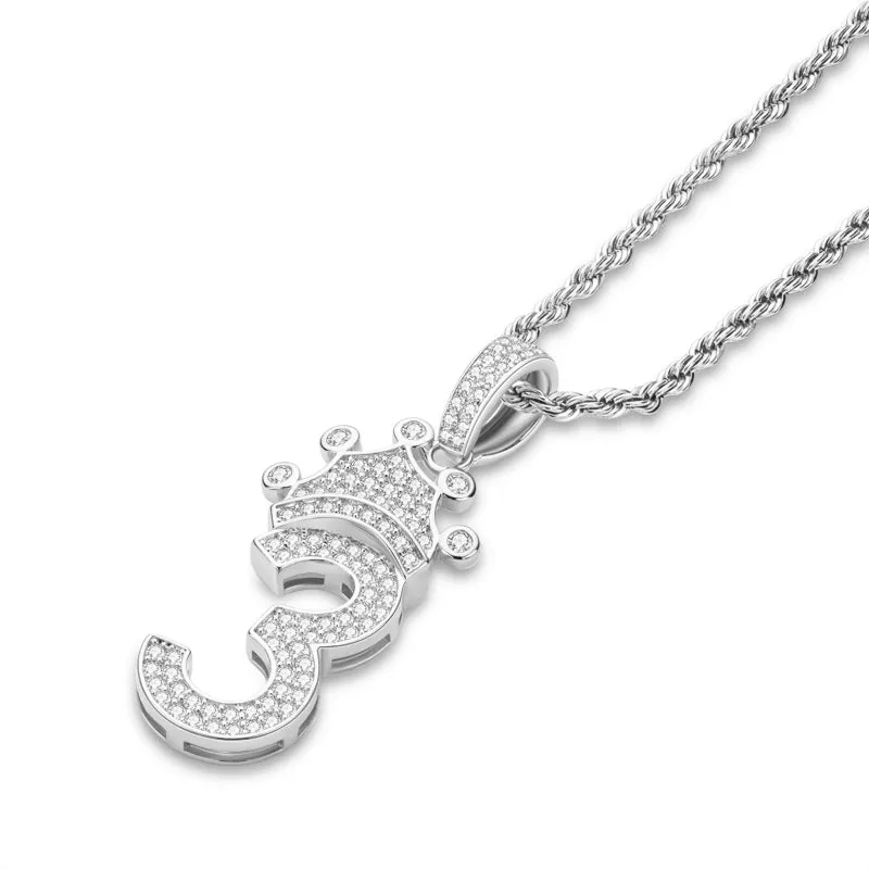 Number 3 Crown Created Diamond Pendant Necklace  23.62''