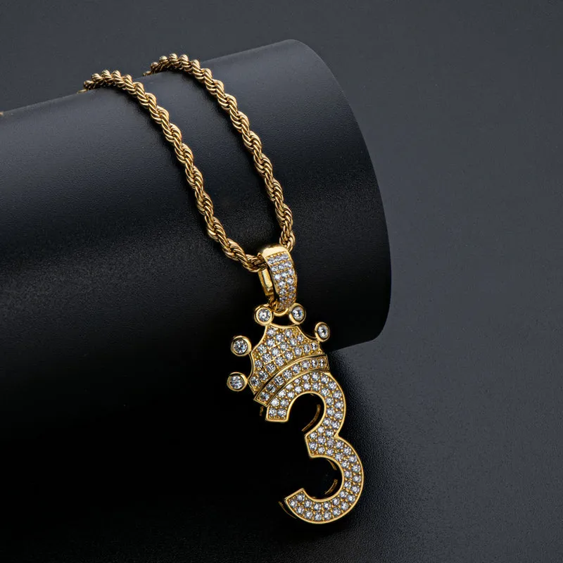 Number 3 Crown Created Diamond Pendant Necklace  23.62''
