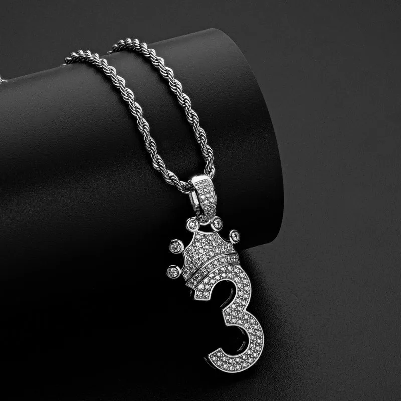 Number 3 Crown Created Diamond Pendant Necklace  23.62''