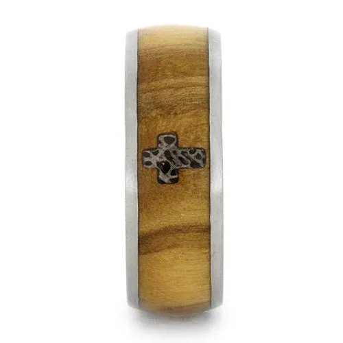 Olive Wood Ring With Deer Antler Inlay In Cross Shape