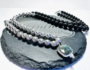Onyx and Sterling Beaded Necklace with Labradorite Pendant