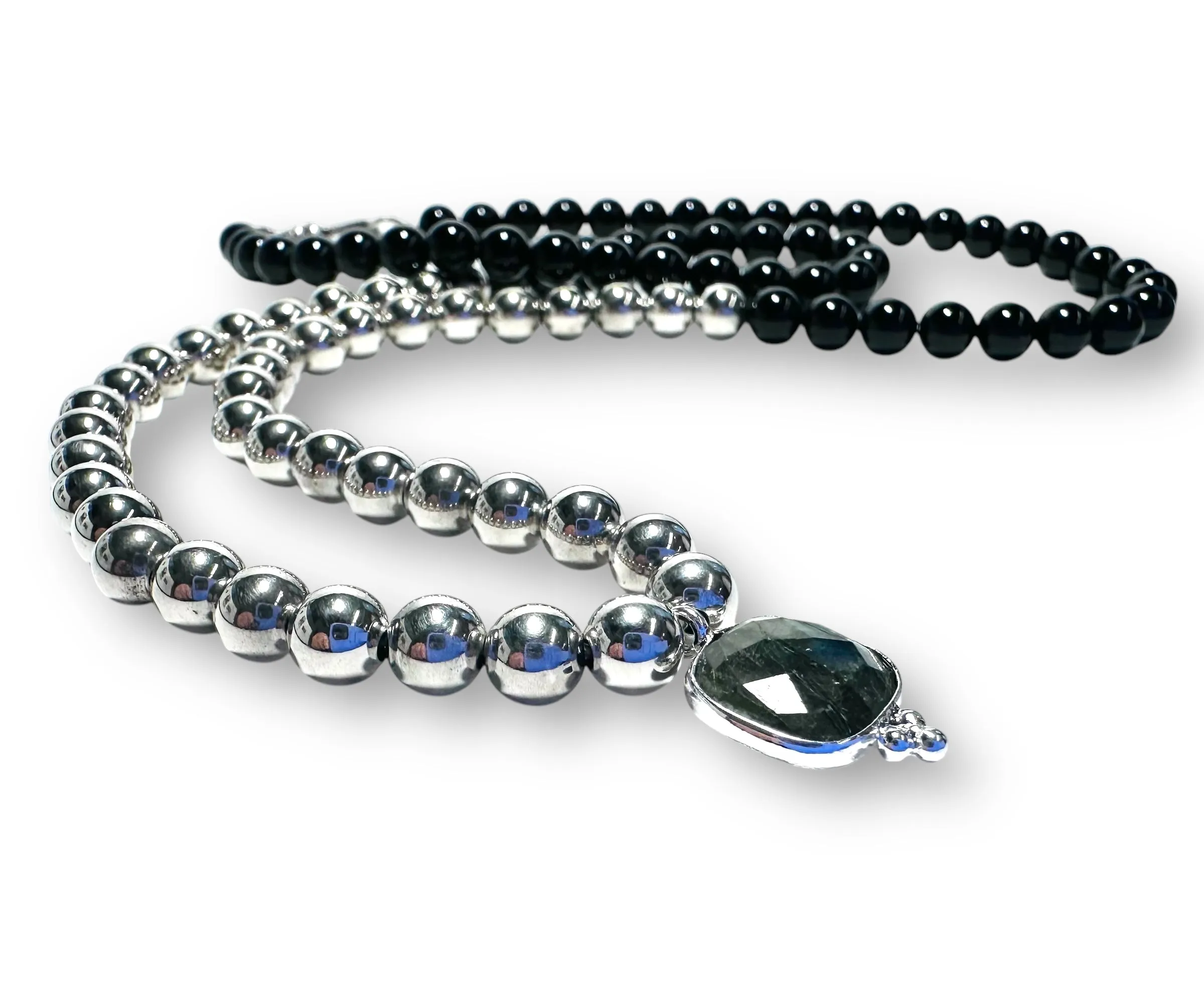Onyx and Sterling Beaded Necklace with Labradorite Pendant
