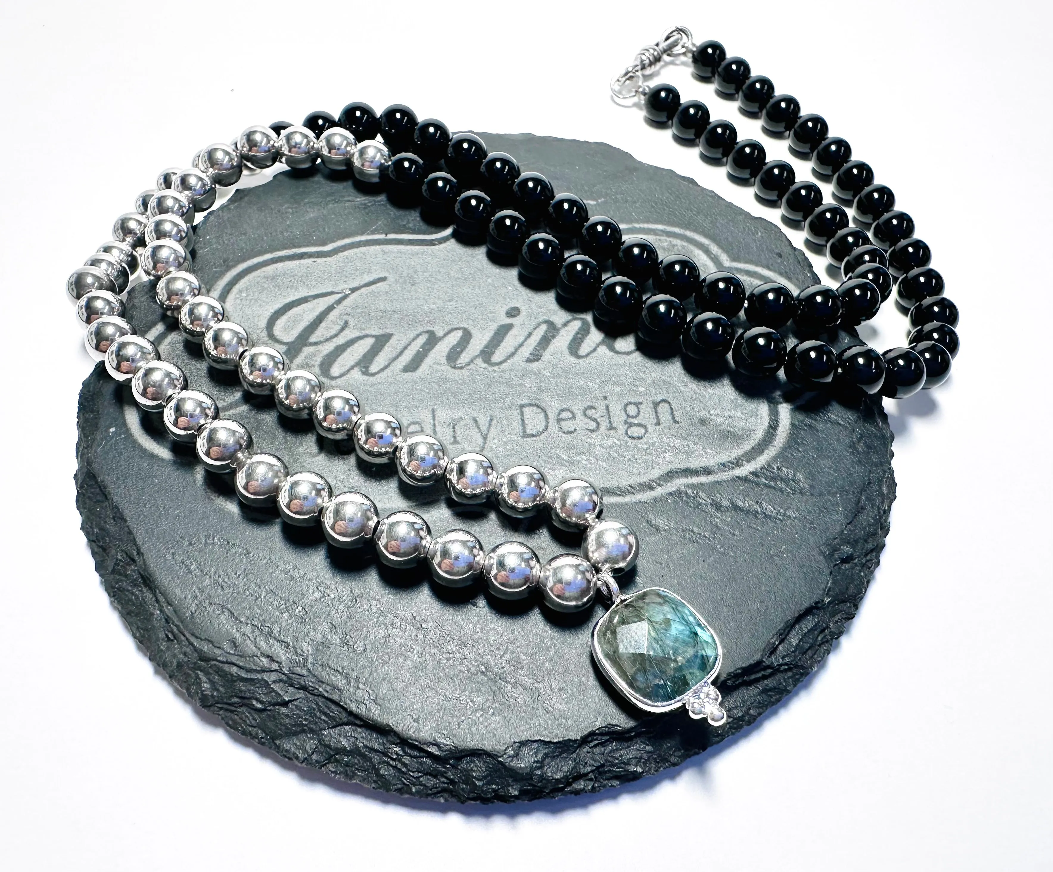 Onyx and Sterling Beaded Necklace with Labradorite Pendant