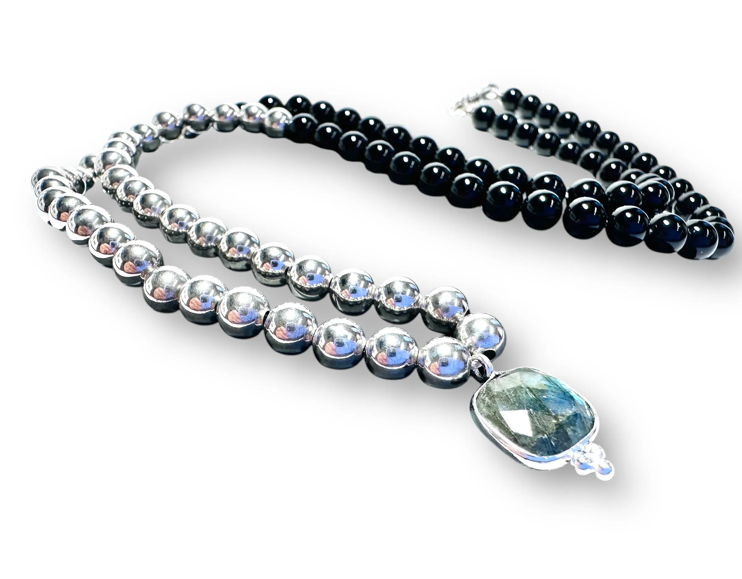 Onyx and Sterling Beaded Necklace with Labradorite Pendant