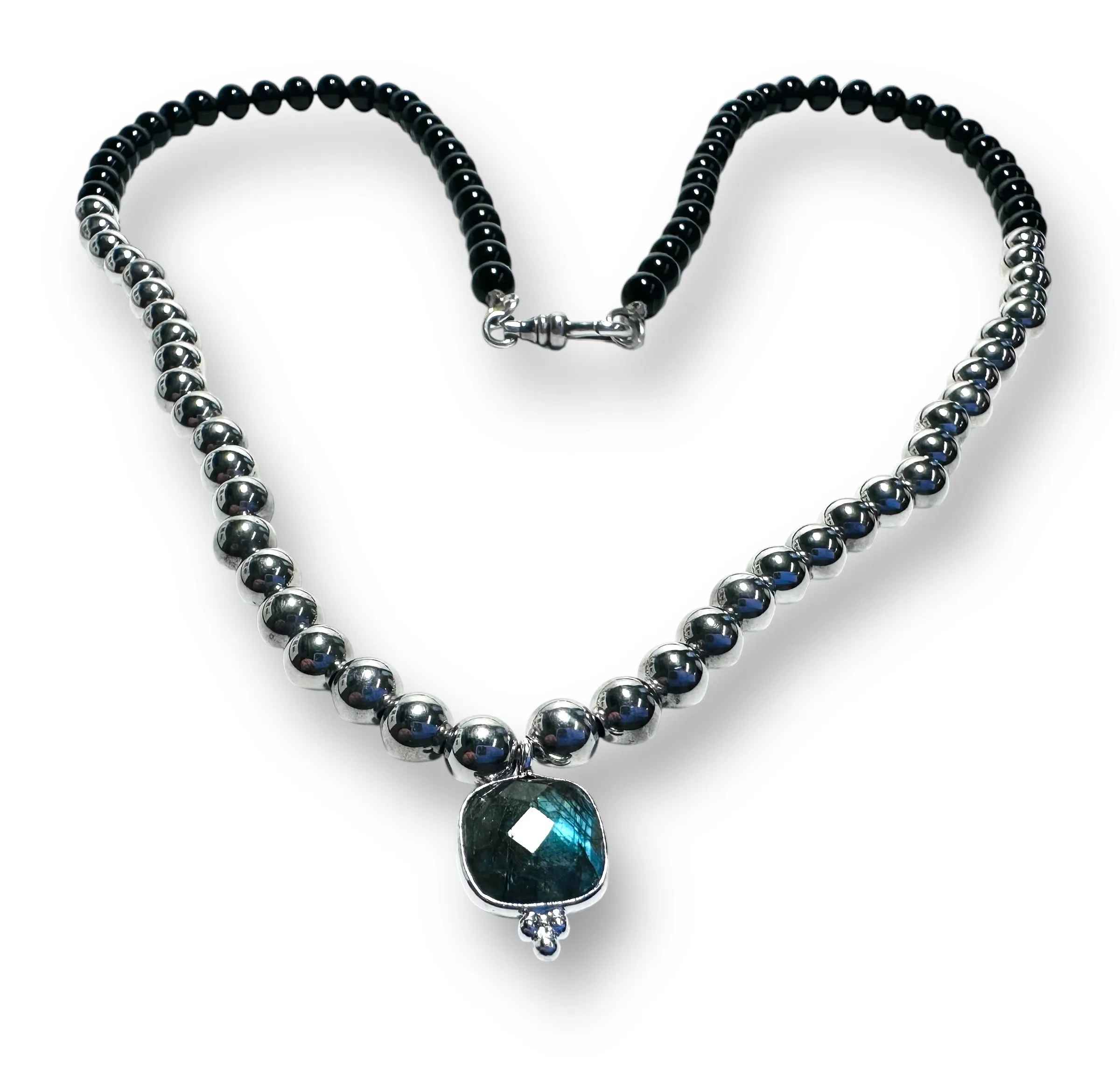 Onyx and Sterling Beaded Necklace with Labradorite Pendant