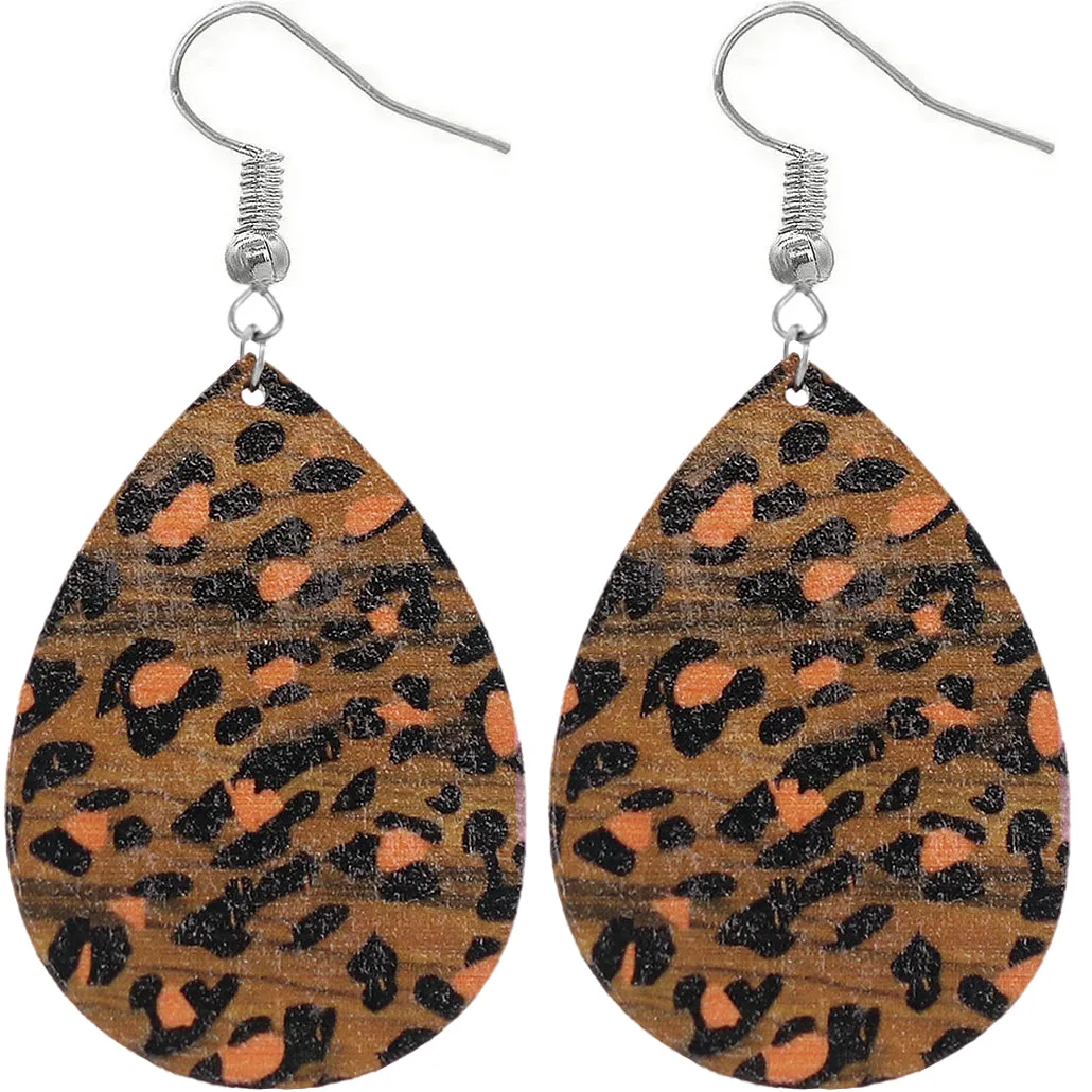 Orange Cheetah Print Wooden Teardrop Earrings
