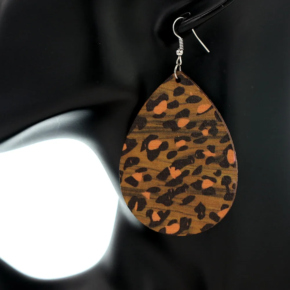 Orange Cheetah Print Wooden Teardrop Earrings