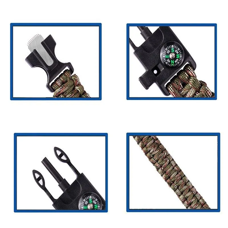 Outdoor Emergency 5 In 1 Survival Paracord Bracelet Flint Starter Whistle Compas