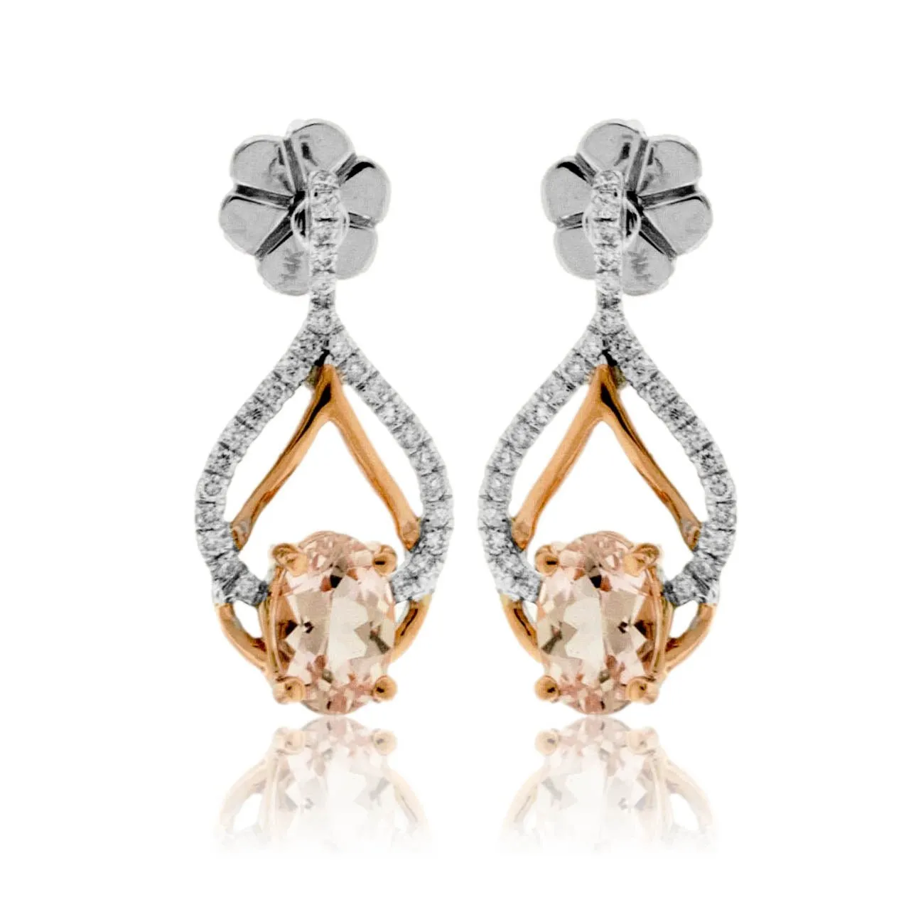 Oval Cut Morganite and Diamond Reversed Heart Earrings