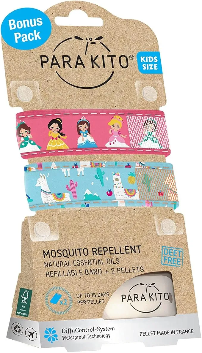PARA'KITO Mosquito Repellent Pack - 2 Kids Wristbands & 2 Refills Princess/Llama