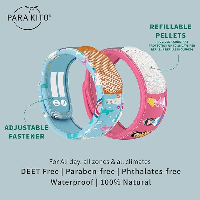 PARA'KITO Mosquito Repellent Pack - 2 Kids Wristbands & 2 Refills Princess/Llama