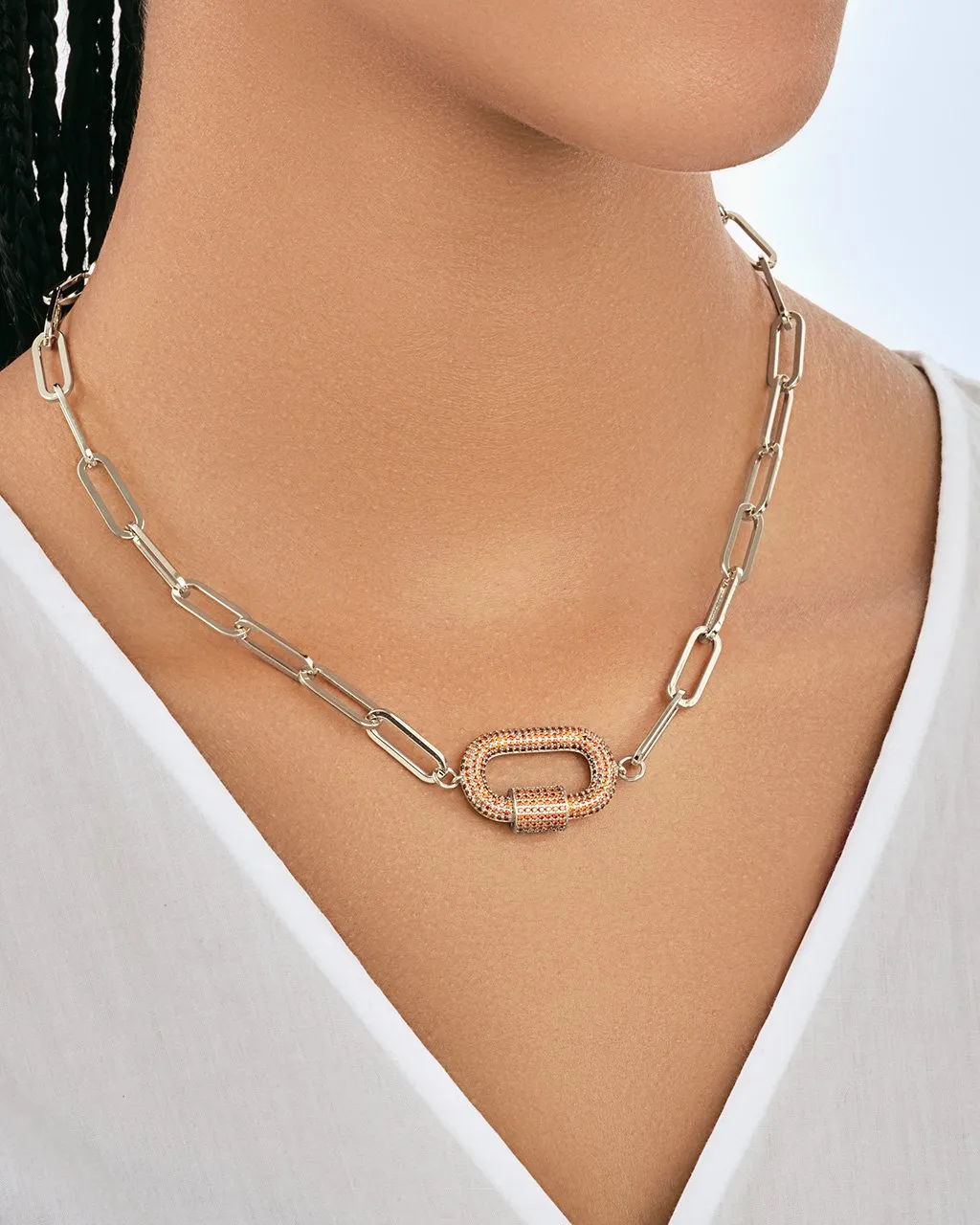 Pave CZ Carabiner Linked Lock Necklace