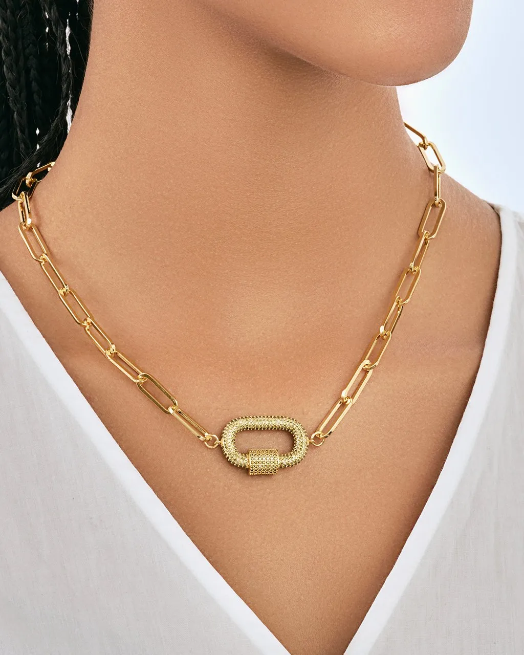 Pave CZ Carabiner Linked Lock Necklace
