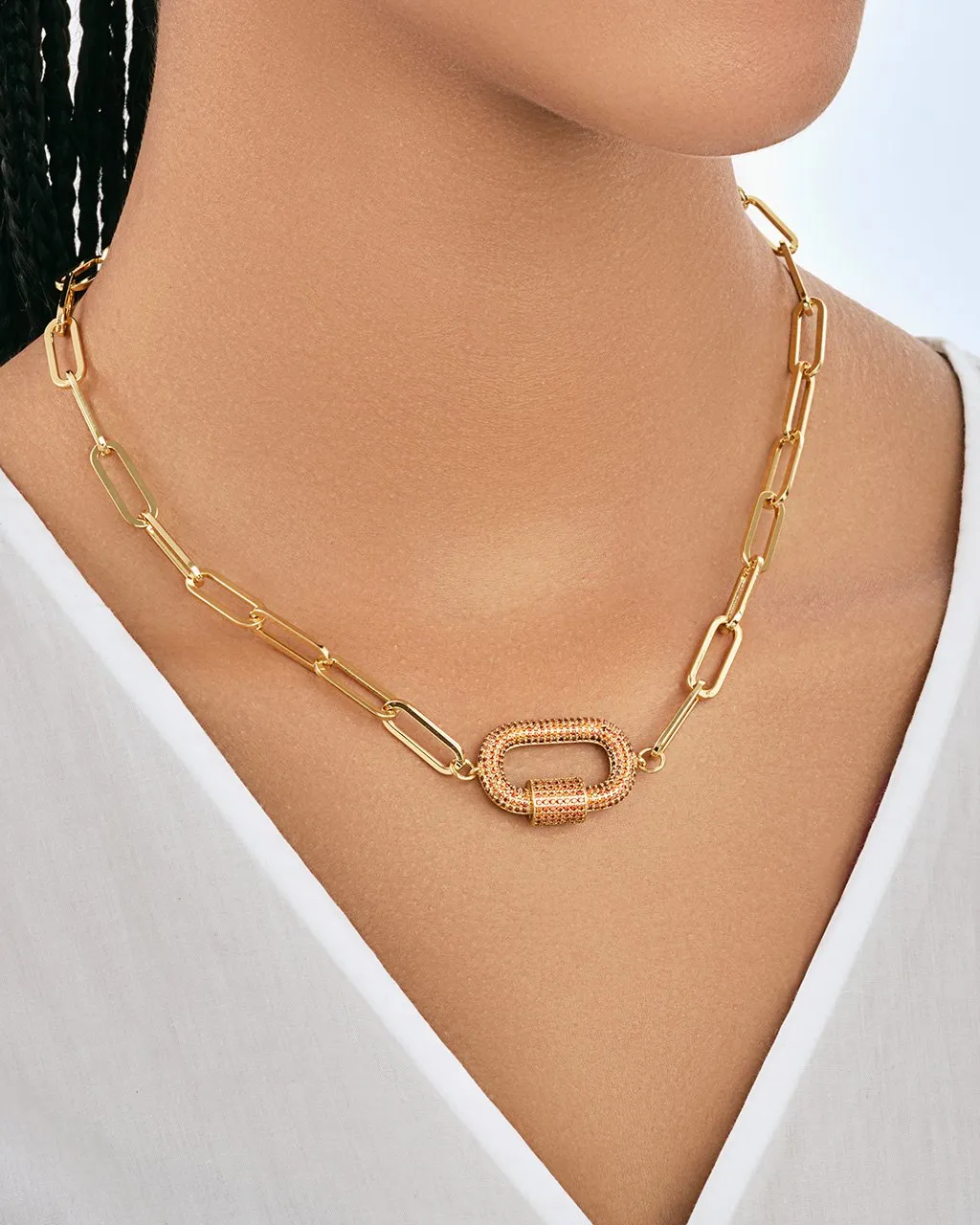 Pave CZ Carabiner Linked Lock Necklace