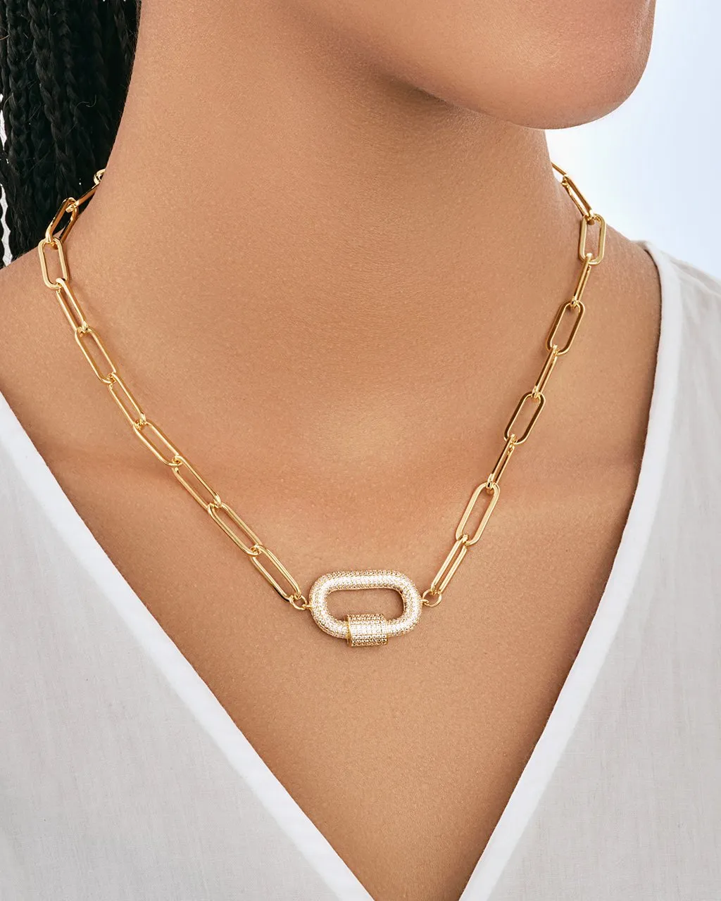 Pave CZ Carabiner Linked Lock Necklace