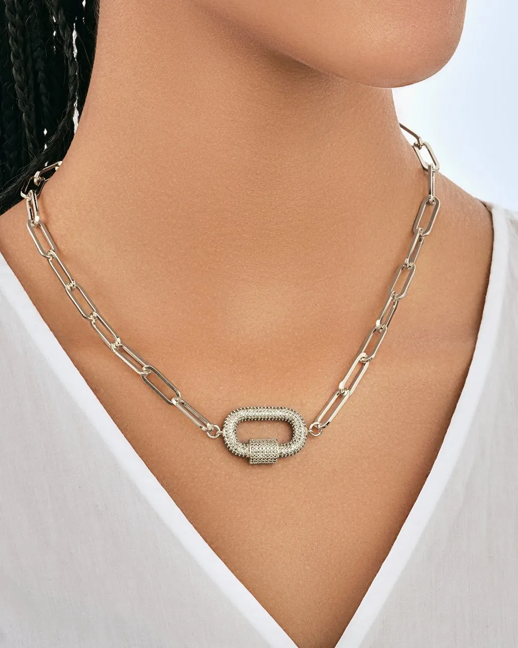 Pave CZ Carabiner Linked Lock Necklace