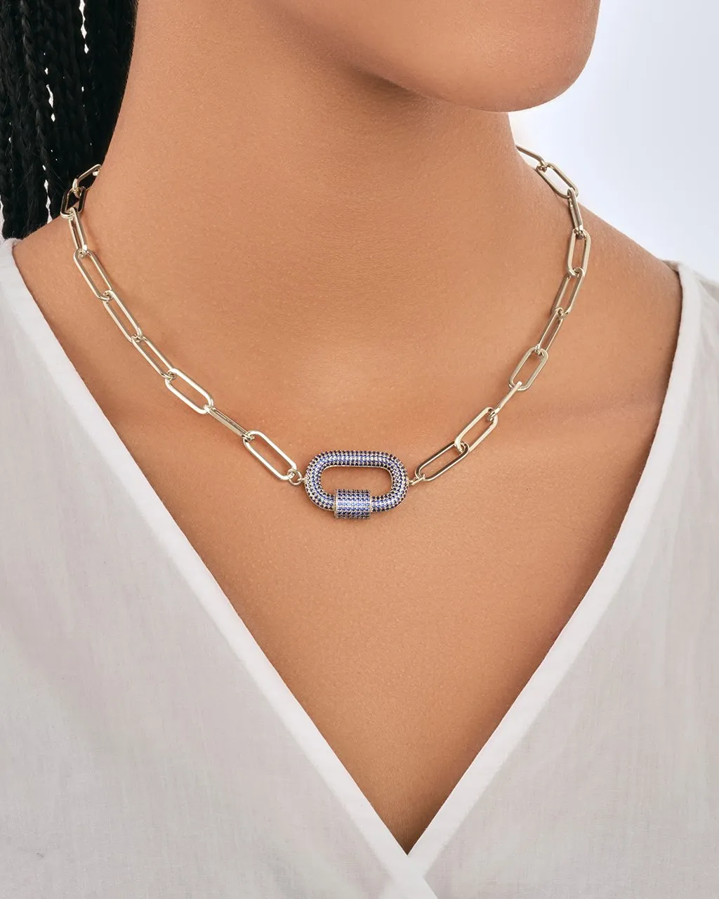 Pave CZ Carabiner Linked Lock Necklace