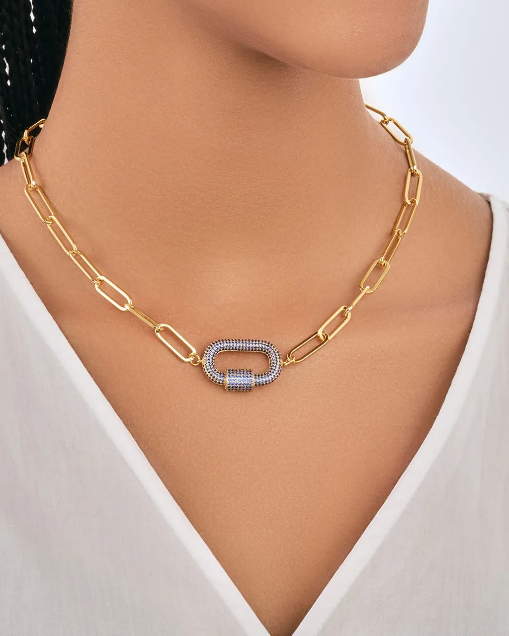 Pave CZ Carabiner Linked Lock Necklace