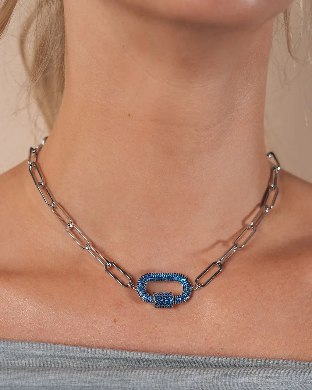 Pave CZ Carabiner Linked Lock Necklace