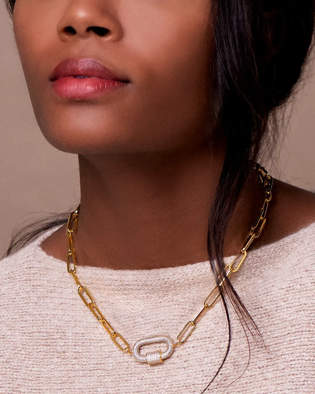 Pave CZ Carabiner Linked Lock Necklace