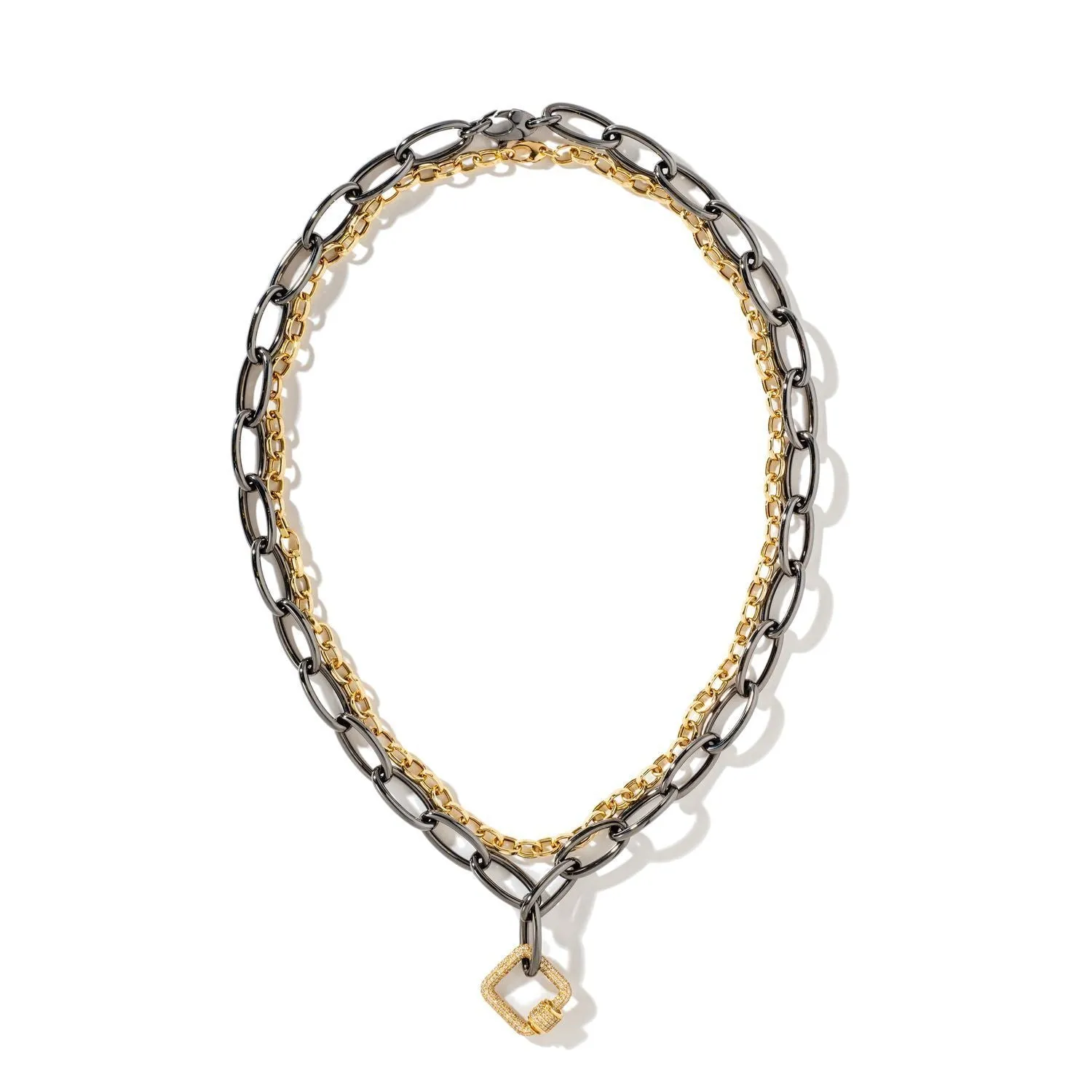 Pave Square Carabiner with Long & Small Chain Necklace