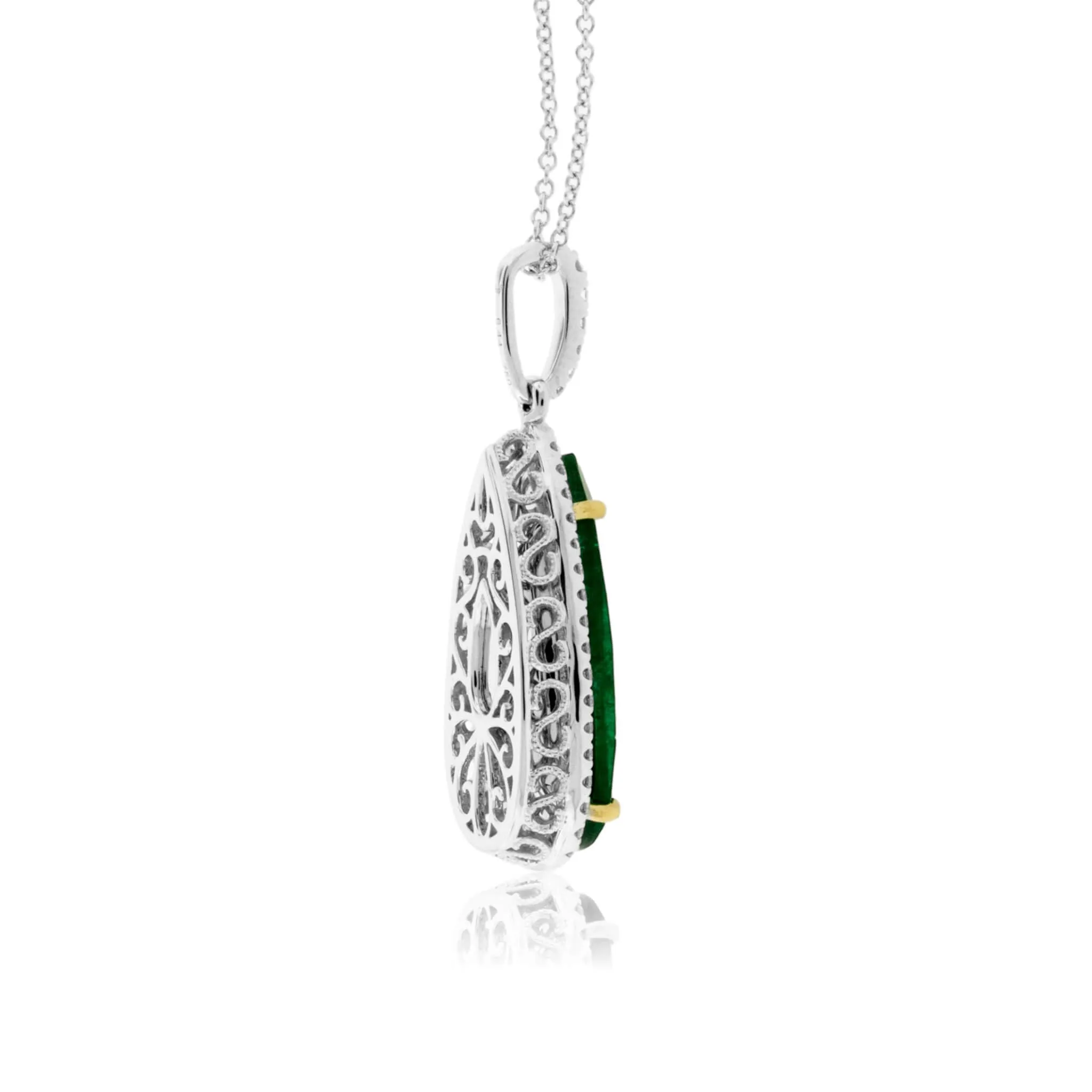 Pear Shaped Dangle Emerald & Diamond Halo Pendant