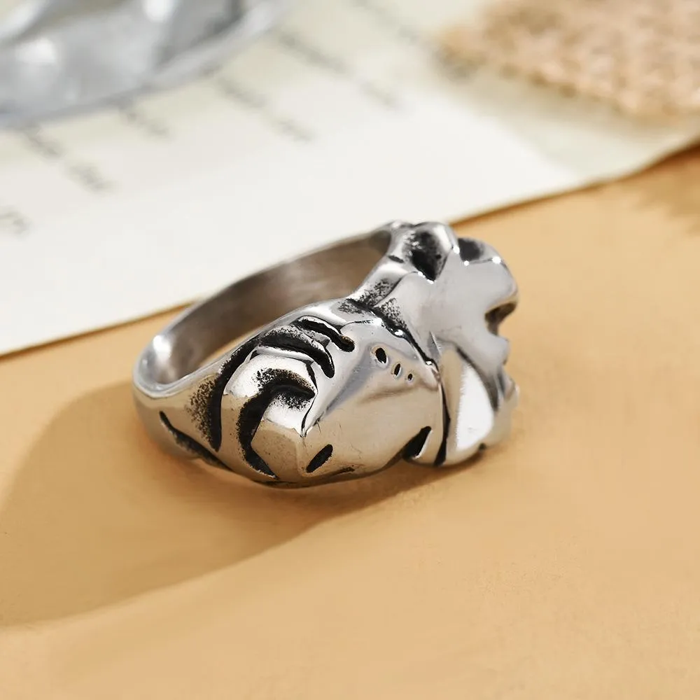 Personalized Irregular Ring Men's Aggressive Hip-Hop Trendy People's Ring All-Match Retro Retro Defense Titanium Steel Food Finger Ring Nightclub