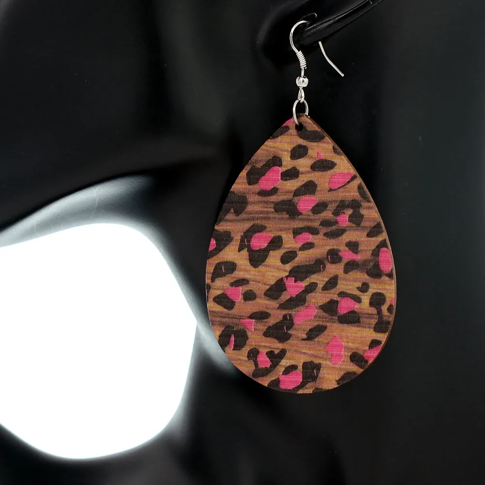 Pink Cheetah Print Wooden Teardrop Earrings